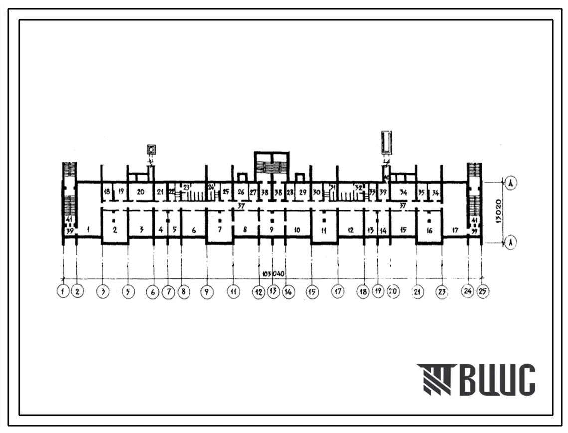 Типовой проект А-IV-1720-79/190 Помещения общественного назначения в подвале 9 этажного 4 секционного кирпичного дома сблокированного из блок секций 85-012/1, (убежище на 1720 человек, размеры убежища 103,04м на 13,02м, режимы вентиляции 1,2,3).