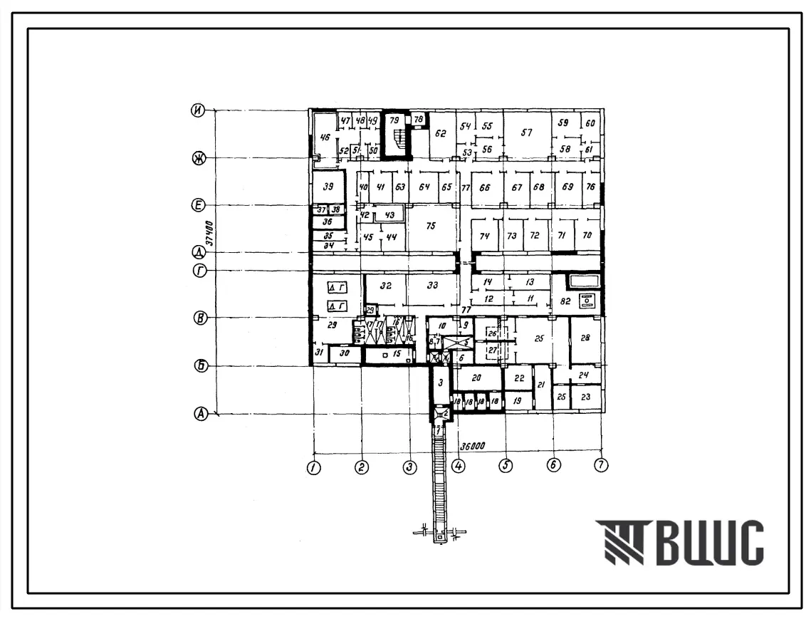 Типовой проект В-IV-75-80(6) Заглубленное здание вспомогательного назначения, (убежище на 75 человек размеры убежища 37,4м на 36м, режимы вентиляции 1,2).