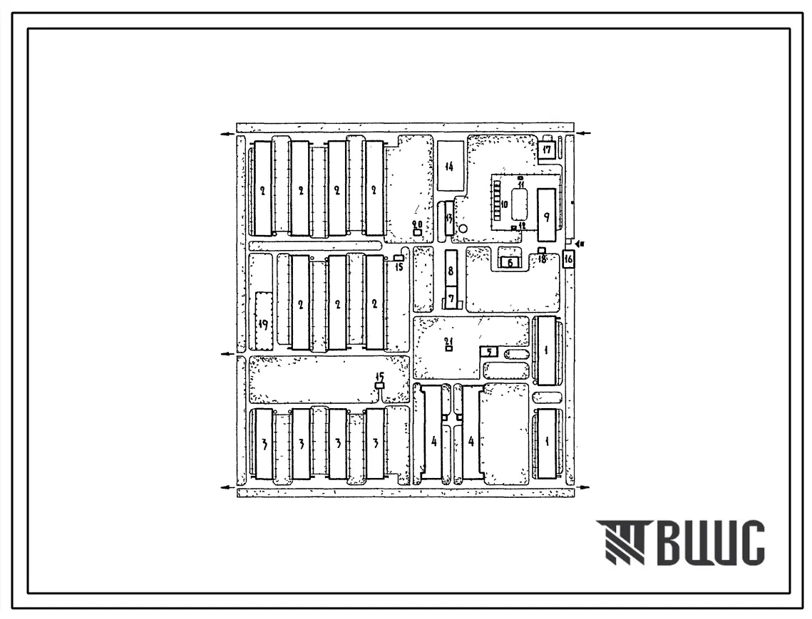 Типовой проект 819-11/66 Птицеводческая фабрика яичного направления на 50 тыс. кур-несушек (среднегодовое поголовье) с содержанием на глубокой подстилке.(Схема планировки).