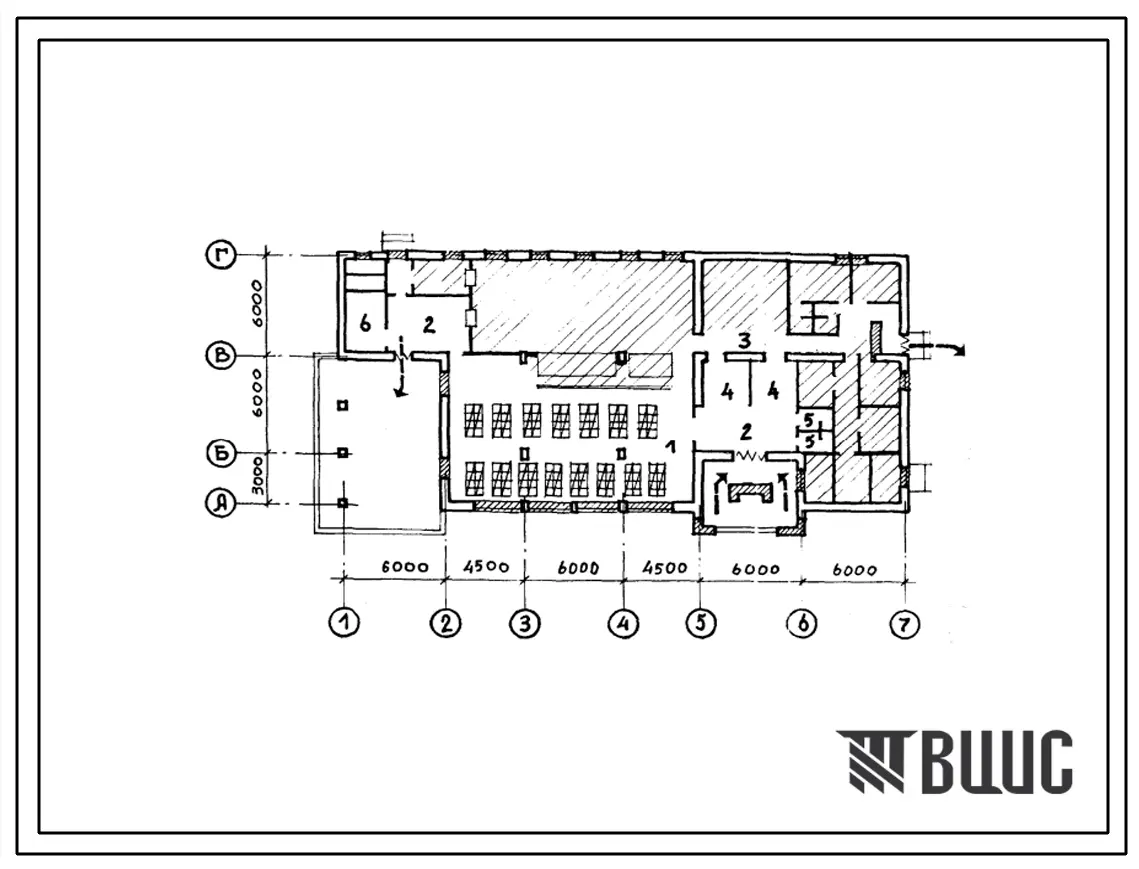 Типовой проект П-5-150(274-20-161с.13.86) Помещения 1 этажа столовой на 75 мест, приспосабливаемые под ПРУ (убежище на 150 человек, размеры убежища 33м на 15м, режимы вентиляции 1).