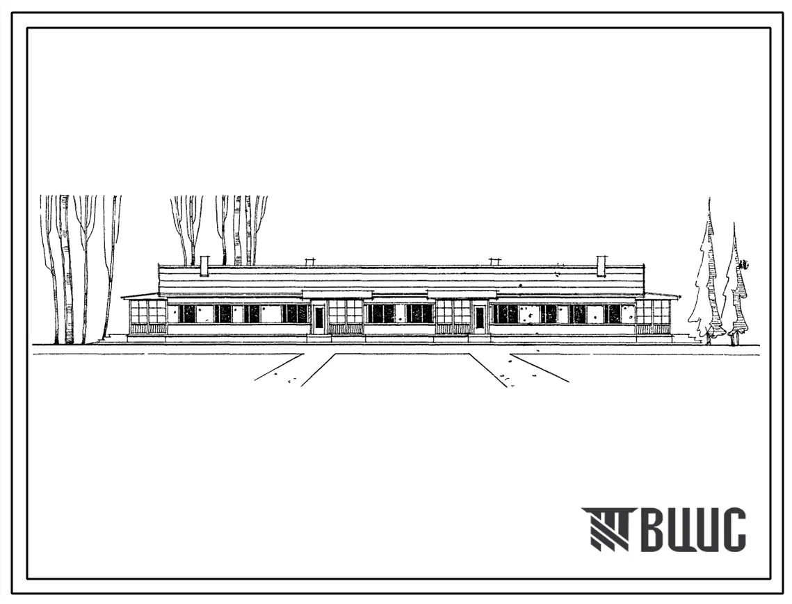 Типовой проект 1-50К-9 Одноэтажный четырехквартирный жилой дом с 2,3- комнатными квартирами с полным благоустройством, стены каркасно-фибролитовые.