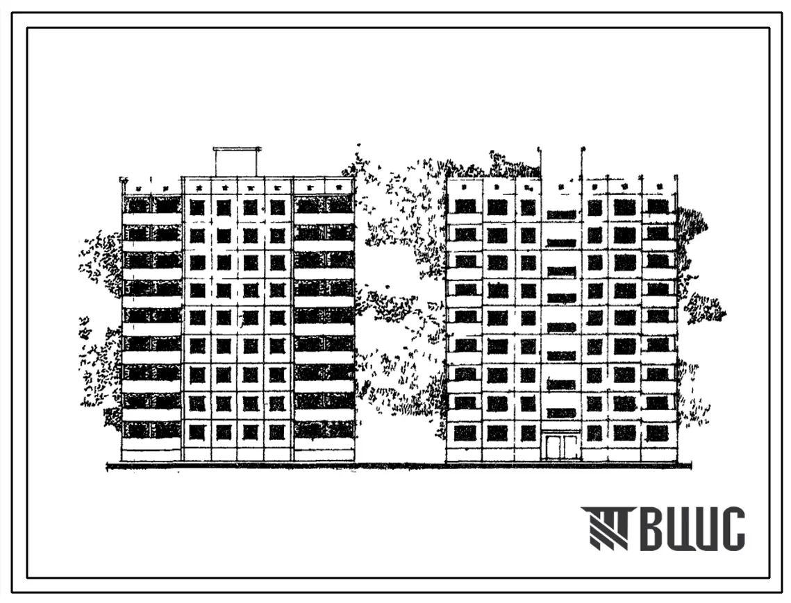 Типовой проект 1-464Д-0128 9-этажная крупнопанельная, рядовая блок-секция на 36 квартир с деформационным швом справа.