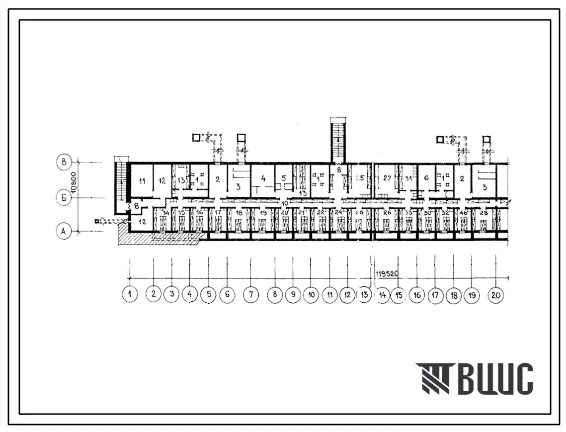 Типовой проект П-4-1470(111-148 1сп(1ю2)) Помещения общественного назначения, размещаемые в подвале 9-этажного крупнопанельного жилого дома, (убежище на 1470 человек, размеры убежища 119,52м на 10,8м, режимы вентиляции 1,2,3).
