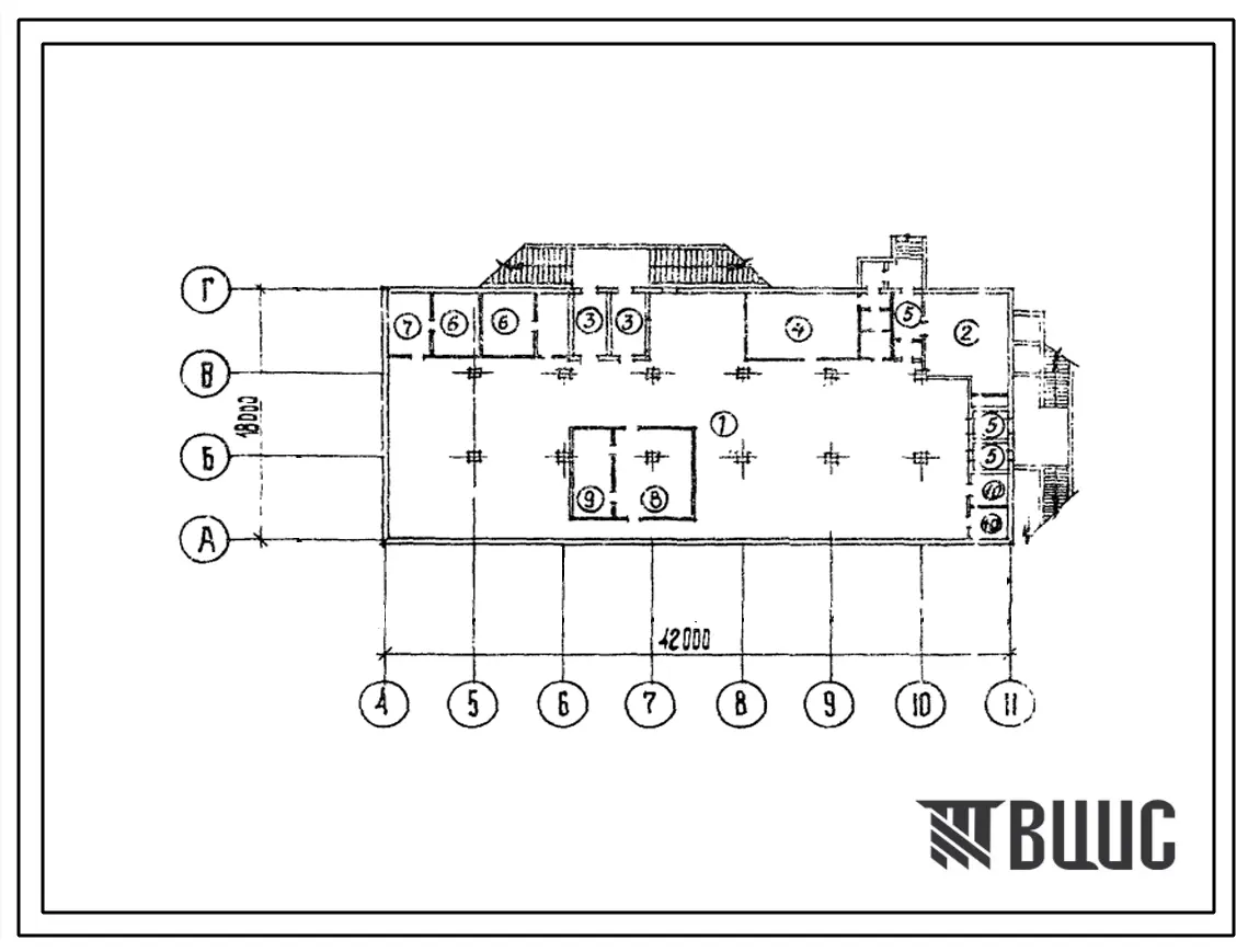 Типовой проект А-II-1200-75/77 Бытовые и складские помещения в подвале отдельно стоящего универсального 3-этажного здания (убежище на 1200 человек, размеры убежища 42м на 18м, режимы вентиляции 1,2).