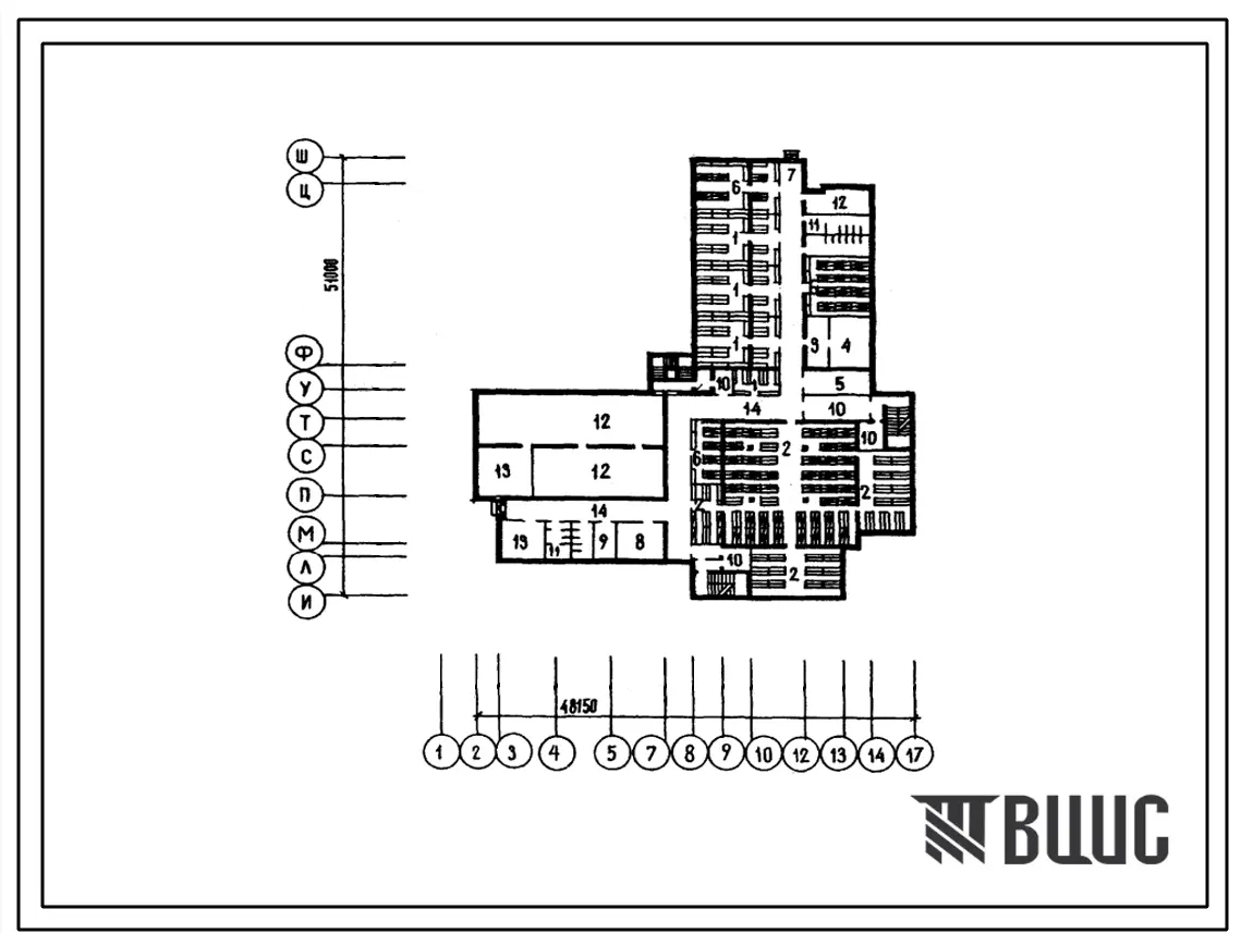 Типовой проект П-4-600(224-01-661.89) Хозяйственно-бытовые помещения подвала школы на 333 класса (1266 учащихся) для обычных условий строительства, (убежище на 600 человек, размеры убежища 51м на 48,15м, режимы вентиляции 1,2).