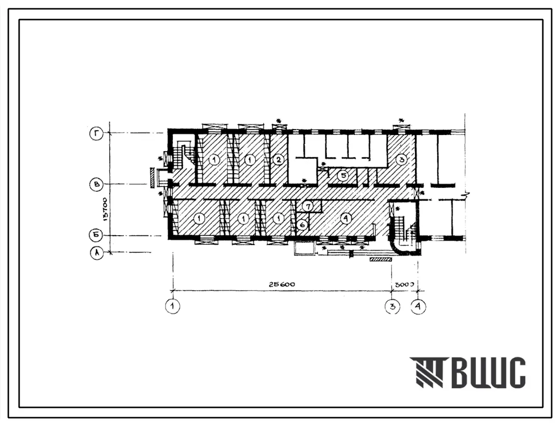 Типовой проект Б-3-126(224-3-21) Помещения 1 этажа интервала при школе(спального корпуса)(стены кирпичные) на 120 мест, (убежище на 126 человек, размеры убежища 28,6м на 13,7м, режимы вентиляции 1).