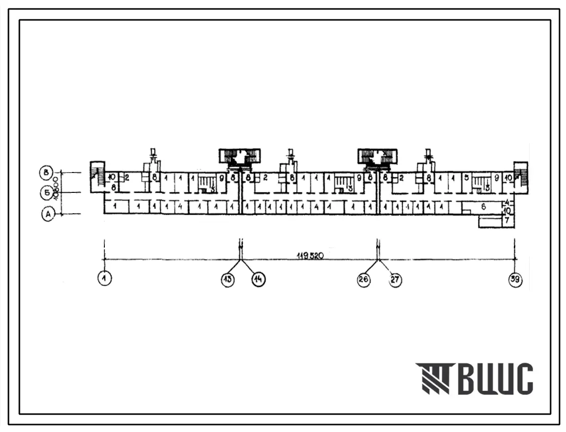 Типовой проект А-IV-1443-199/80(3-148-1С2/1.2) Культурно-бытовые помещения в подвале 9-этажного 6-секционного жилого дома на 108 квартир, (убежище на 1143 человек, размеры убежища 119,52м на 10,8м, режимы вентиляции 1,2).