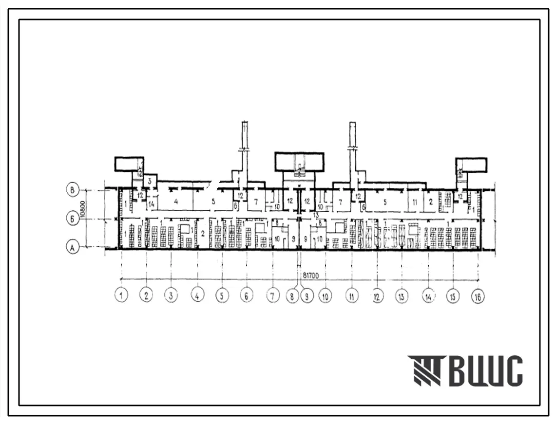 Типовой проект А-IV-788(111-106-21С.86) помещения общественного назначения в подвале 9-этажного 4-секционного 80-квартирного жилого дома с промтоварным магазином, (убежище на 788 человек, размеры убежища 81,7м на 10,8м, режимы вентиляции 1,2).