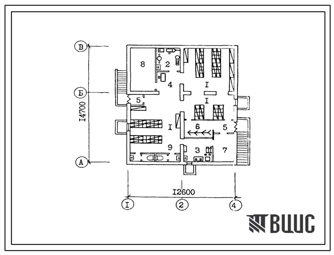 Типовой проект П-4-106(214-1-381сп.13.86) Хозяйственно-бытовые помещения в подвале детских яслей-сада на 95 мест, (убежище на 106 человек, размеры убежища 14,7м на 12,6м, режимы вентиляции 1,2).