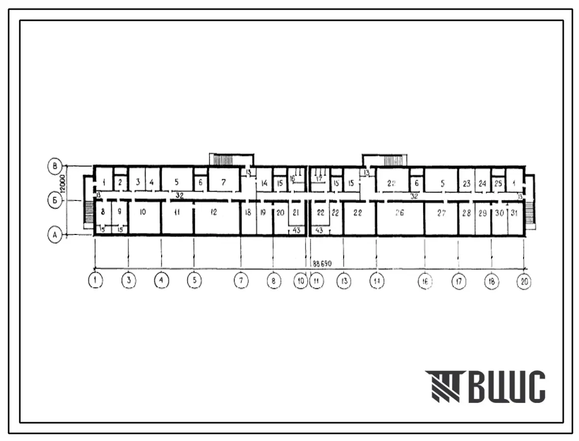 Типовой проект П-4-620(115-63-46с.13.86) Бытовые и хозяйственные помещения в подвале 4-этажного 6-секционного 48-квартирного жилого дома, (убежище на 620 человек, размеры убежища 88,69м на 12м, режимы вентиляции 1,2).