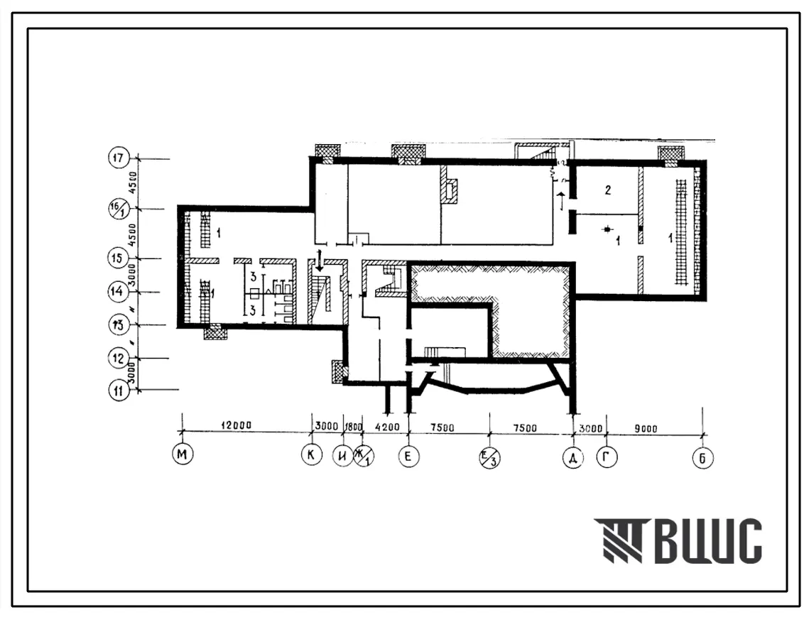 Типовой проект Б-2-365-78.1(264-12-171) Хозяйственно-бытовые помещения в подвале сельского дома культуры с залом на 400 мест, (убежище на 365 человек, размеры убежища 48м на 21м, режимы вентиляции 1,2).