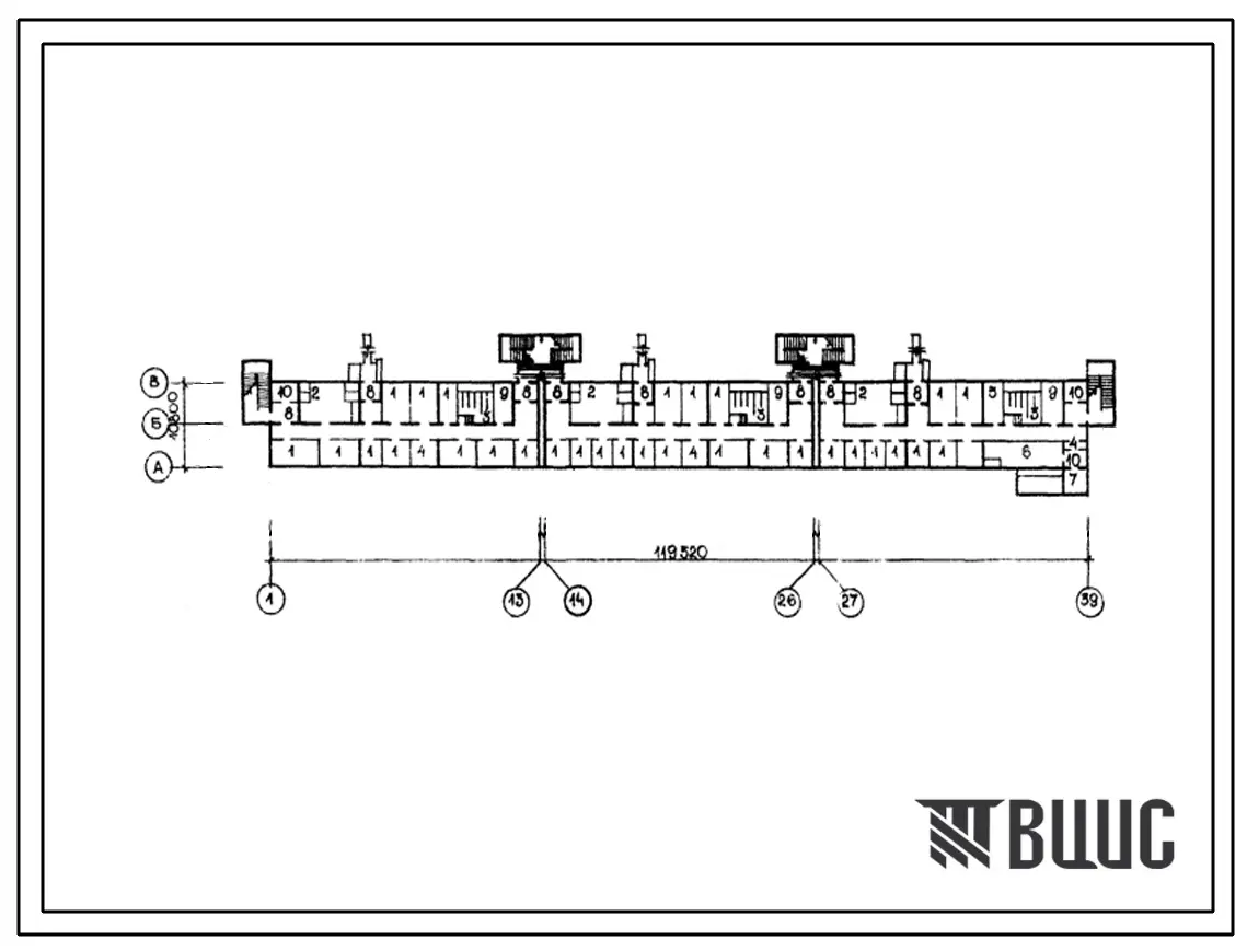 Типовой проект А-IV-1443-199/80(111-148-1С2/1.2) Культурно-бытовые помещения в подвале 9-этажного 6-секционного жилого дома на 108 квартир, (убежище на 1443 человек, размеры убежища 119,52м на 10,8м, режимы вентиляции 1,2).