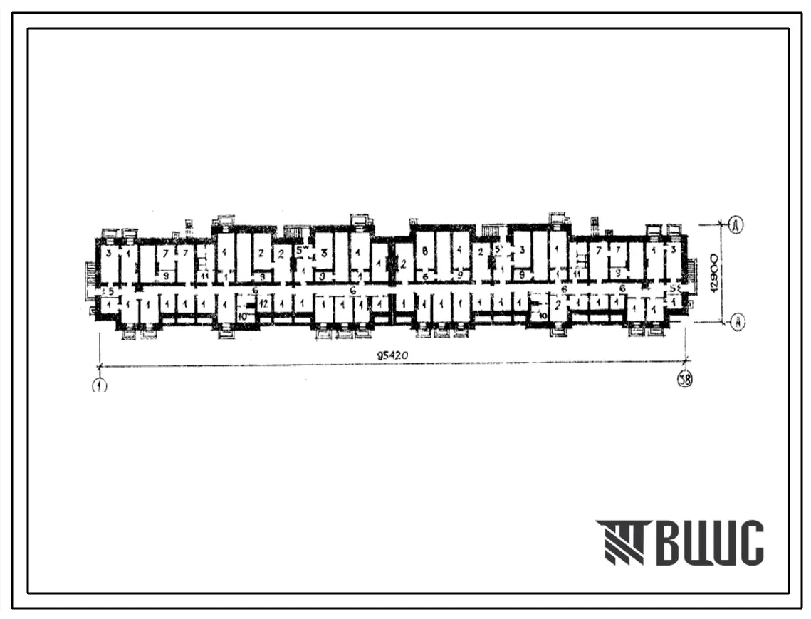 Типовой проект Б-2-700(111-94-1.75) Хозяйственно-бытовые помещения в подвале 5этажного 6секционного 80-квартирного жилого дома, (убежище на 700 человек, размеры убежища 95,42м на 12,9м, режимы вентиляции 1,2,3).