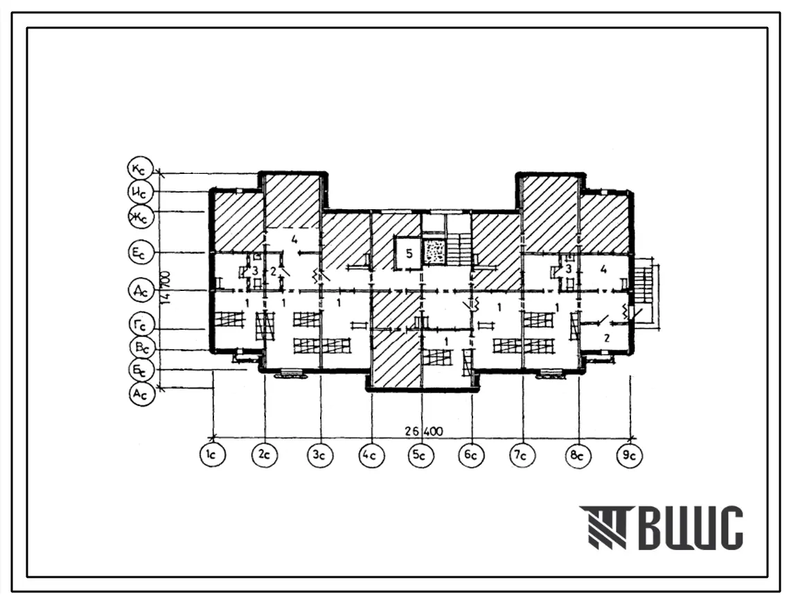Типовой проект П-4-100(138-033с.13.86) Помещения хозяйственного назначения в подвале 36-квартирной 9-этажной рядовой блок-секции, (убежище на 100 человек, размеры убежища 26,4м на 14,7м, режимы вентиляции 1,2).