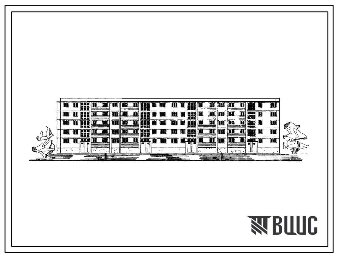 115-102-4с/1Пятиэтажный четырехсекционный дом на 60 квартир (однокомнатных 1Б-10, двухкомнатных 2Б-20, трехкомнатных 3Б-30, четырехкомнатных 4Б-10) со стенами из блоков пильных известняков. Для строительства в районах сейсмичностью 8 баллов в 3Б климатиче