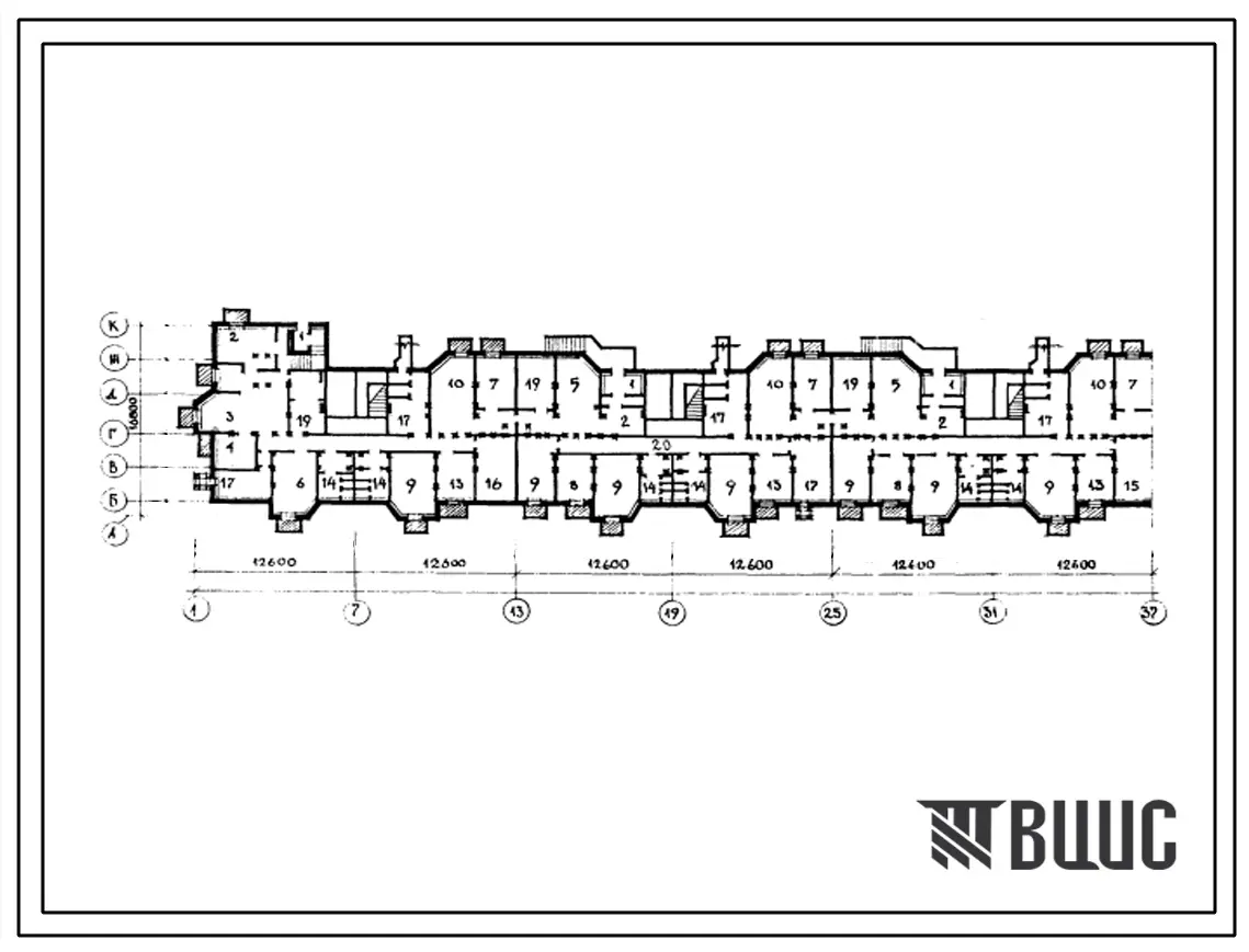 Типовой проект Б-1-1970 Помещения общественного назначения, в подвале 9-этажного 6-секционного жилого дома серии 112, (убежище на 1970 человек, размеры убежища 75,6м на 16,8м, режимы вентиляции 1,2).