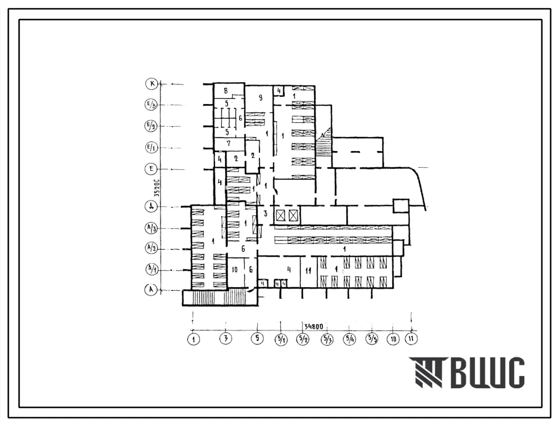 Типовой проект П-1-500(254-6-5.83) Вспомогательные помещения в подвале спального корпуса на 100 мест дома-интернета больничного типа для престарелых и инвалидов, (убежище на 500 человек, размеры убежища 35,2м на 34,8м, режимы вентиляции 1).