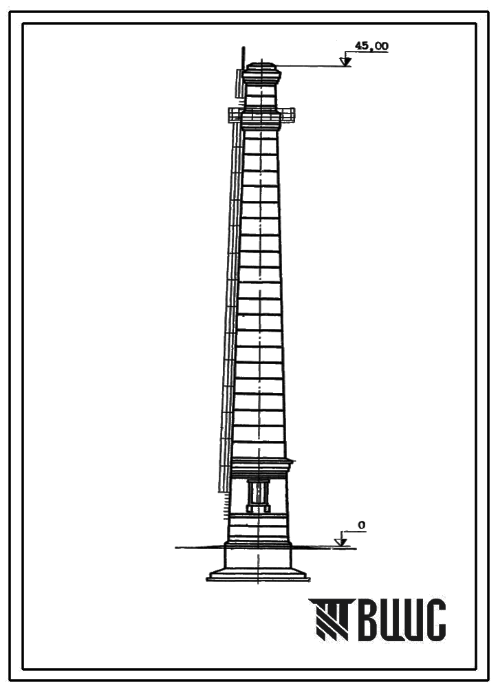 Типовой проект 907-2-110 Труба дымовая кирпичная для котельных установок Н=45,0 м; Д0=1,5 м. Для строительства в 1-2 районах ветровой нагрузки с надземным примыканием газоходов