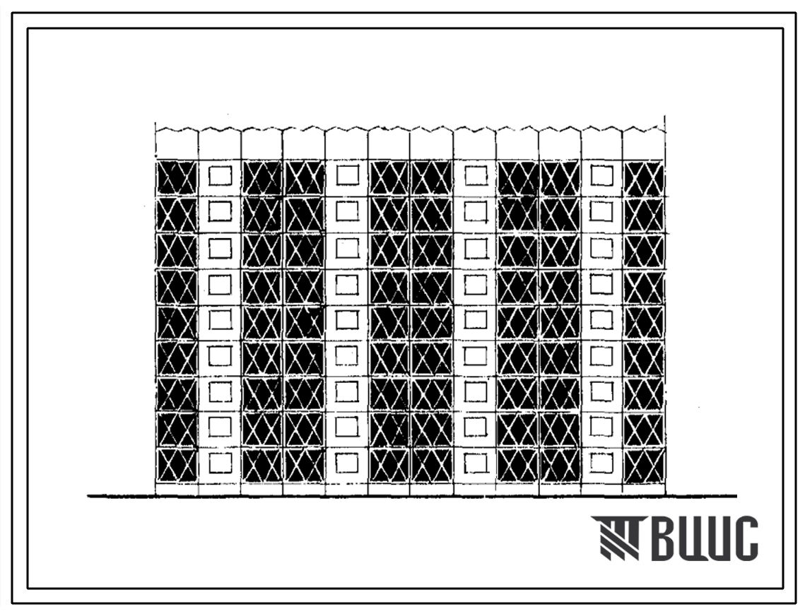 Типовой проект 105-039с/1 Блок-секция девятиэтажная 36-квартирная рядовая с торцовыми окончаниями (четырехкомнатных 4Б - 36). Вариант с шагом поперечных стен 3,6 м. Для строительства в III климатическом районе Киргизской ССР сейсмичностью 8 баллов.