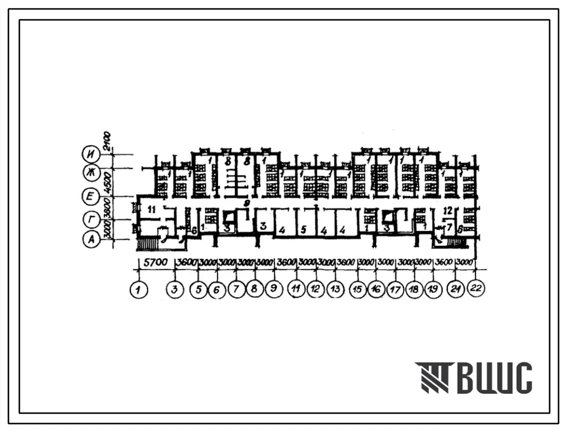 Типовой проект 2-1-1457(111-152-14/1.2) Помещения общественного назначение в подвале 9-этажного,4-секционного жилого дома из 143х квартир, (убежище на 1457 человек, размеры убежища 53,1м на 16,2м, режимы вентиляции 1,2).