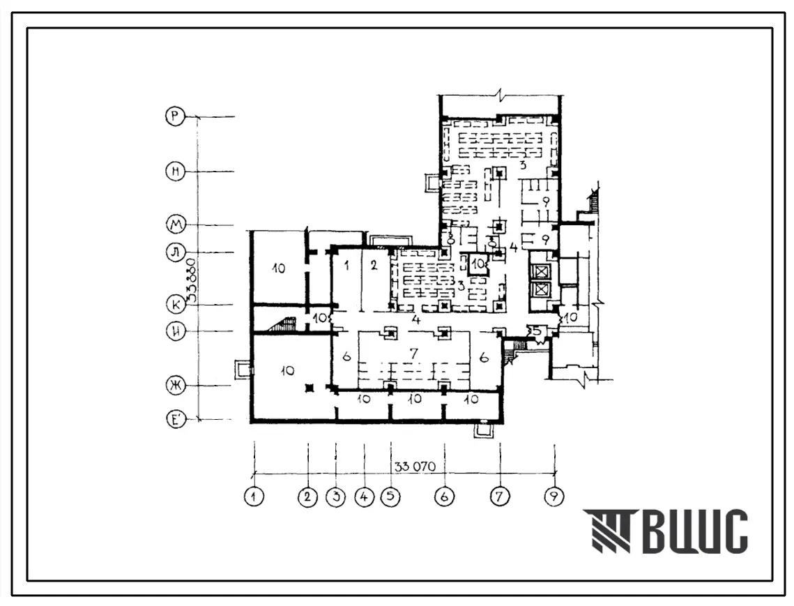Типовой проект Б-1-390(252-4-28) Хозяйственно-бытовые помещения в подвале городской поликлиники на 1600 посещений в смену в конструкциях ии-04, (убежище на 390 человек, размеры убежища 33,88м на 33,07м, режимы вентиляции 1,2).