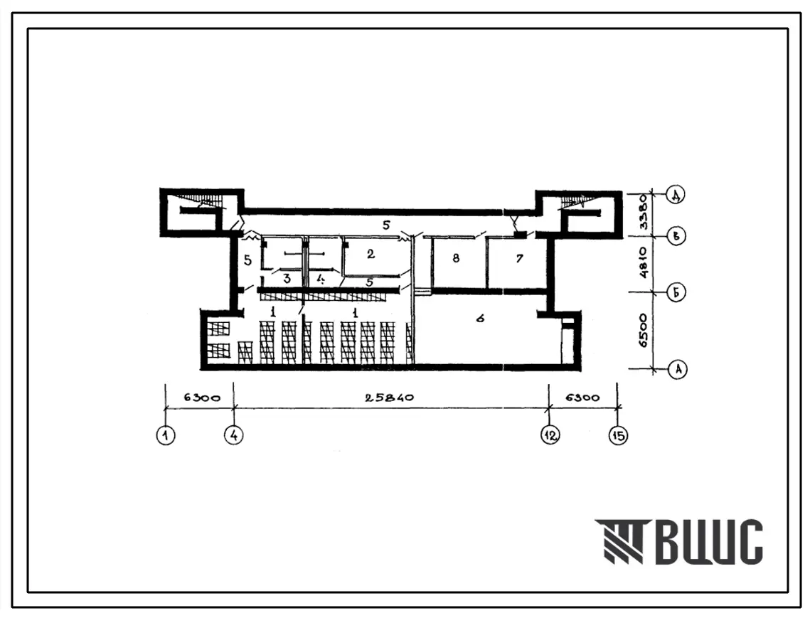 Типовой проект П-4-200(264-20-97.88) Хозяйственно-бытовые помещенияв подвале райкома КПСС (стены кирпичные), (убежище на 200 человек, размеры убежища 38,44м на 14,61м, режимы вентиляции 1,2).