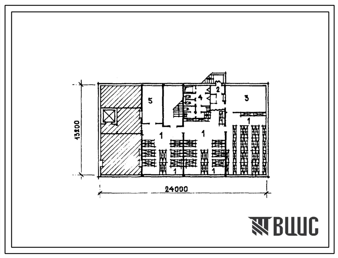 Типовой проект П-1-315(416-1-178.86) Бытовые помещения подвала вспомогательного здания автотранспортного предприятия, приспосабливаемые под ПРУ (убежище на 315 человек, размеры убежища 24м на 13,2м, размеры убежища 24м на 13,2м, режимы вентиляции 1,2).