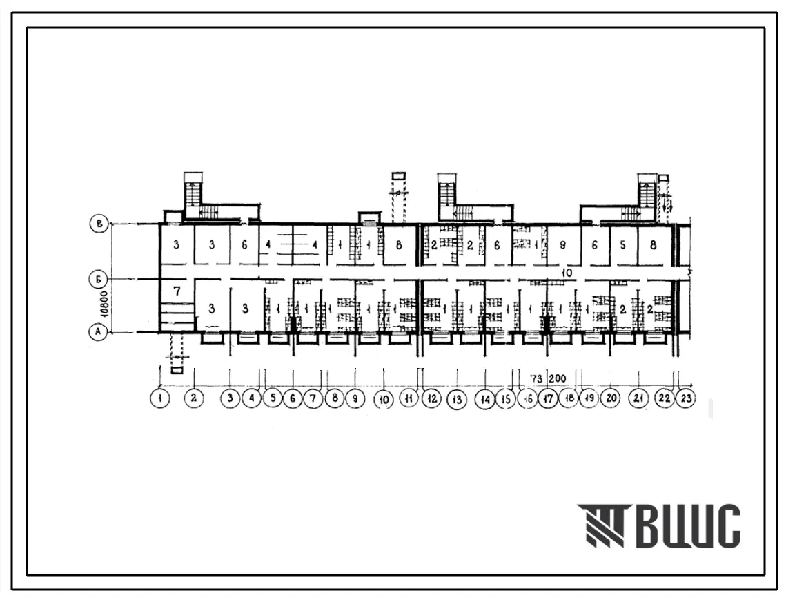 Типовой проект П-930(1Уз-500ТСП-2(1.2)) Помещения общественного назначения в подвале 4-этажного 6-секционного 56-квартирного жилого дома, (убежище на 930 человек, размеры убежища 73,2м на 10,8м режимы вентиляции 1,2,3).