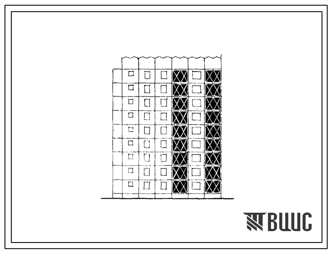 Типовой проект 105-040с/1 Блок-секция девятиэтажная 27-квартирная торцовая левая (однокомнатных 1Б — 9, двухкомнатных 2Б — 9, четырехкомнатных 4Б — 9). Вариант с шагом поперечных стен 3,6 м. Для строительства в III климатическом районе Киргизской ССР сейс