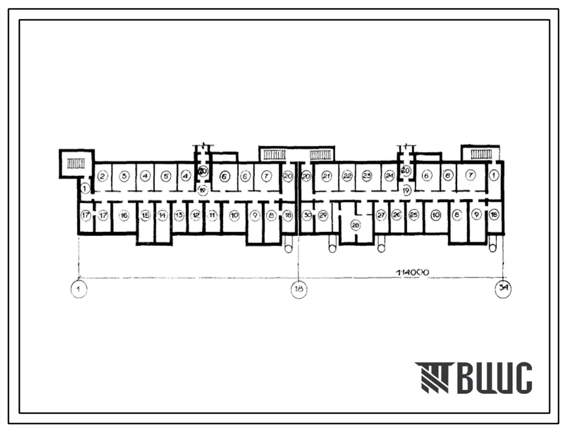 Типовой проект А-IV-1105(3-97-3/1) Помещения общественного назначения в подвале 5 этажного 6 секционного 90 квартирного жилого дома 3-97-3/1, (убежище на 1105 человек, размеры убежища 114м на 12м, режимы вентиляции 1,2).