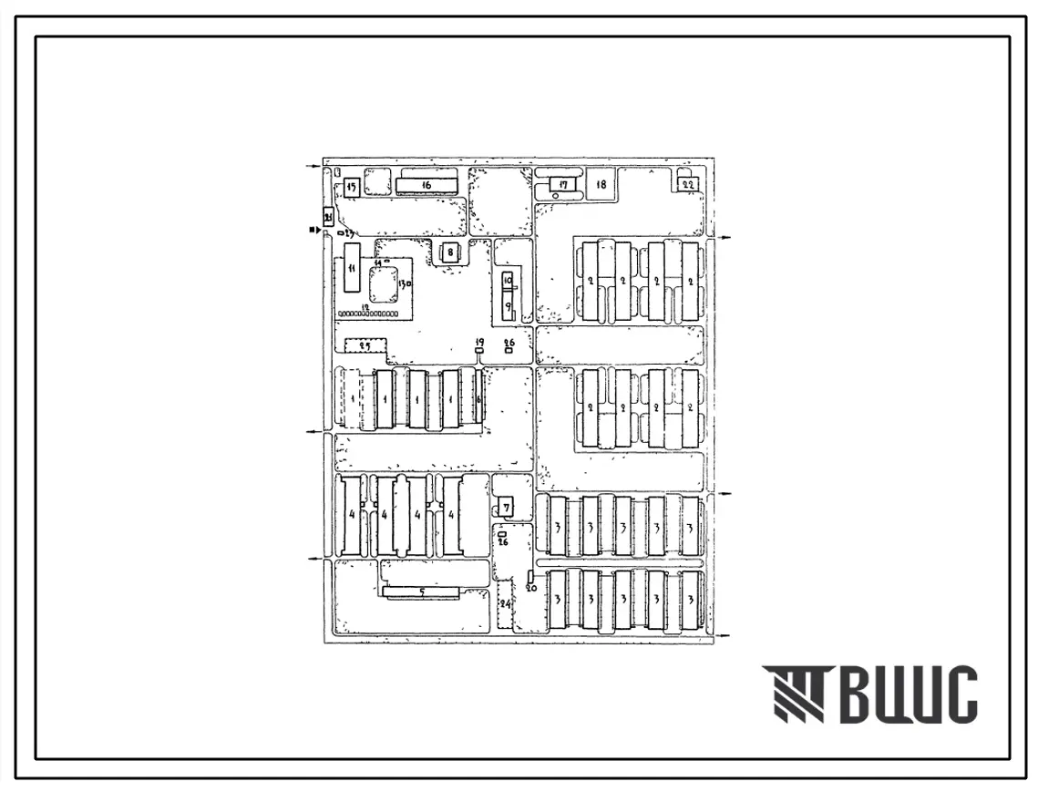 Типовой проект 819-7/66 Птицеводческая фабрика яичного направления на 200 тыс.кур-несушек (среднегодовое поголовье) с содержанием в клеточных батареях. Типовое решение. Схема планировки.