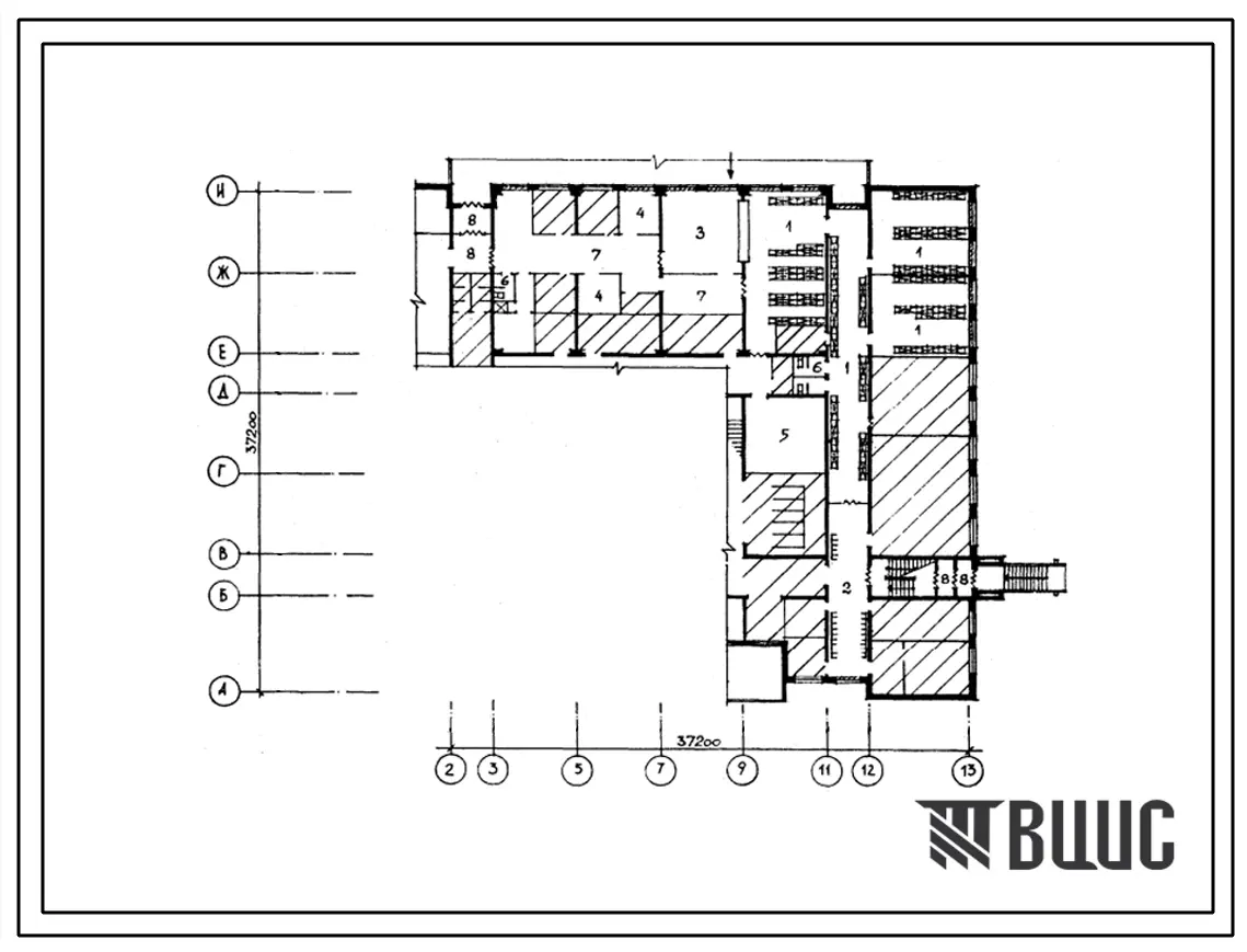 Типовой проект П-4-318(221-01-647м.88) Помещения 1 этажа на 11 классов (264 учащихся) в конструкциях серии 1.090.1-4м (для строительства в сельской местности), (убежище на 318 человек, размеры убежища 37,2м на 37,2м, режимы вентиляции 1,2).