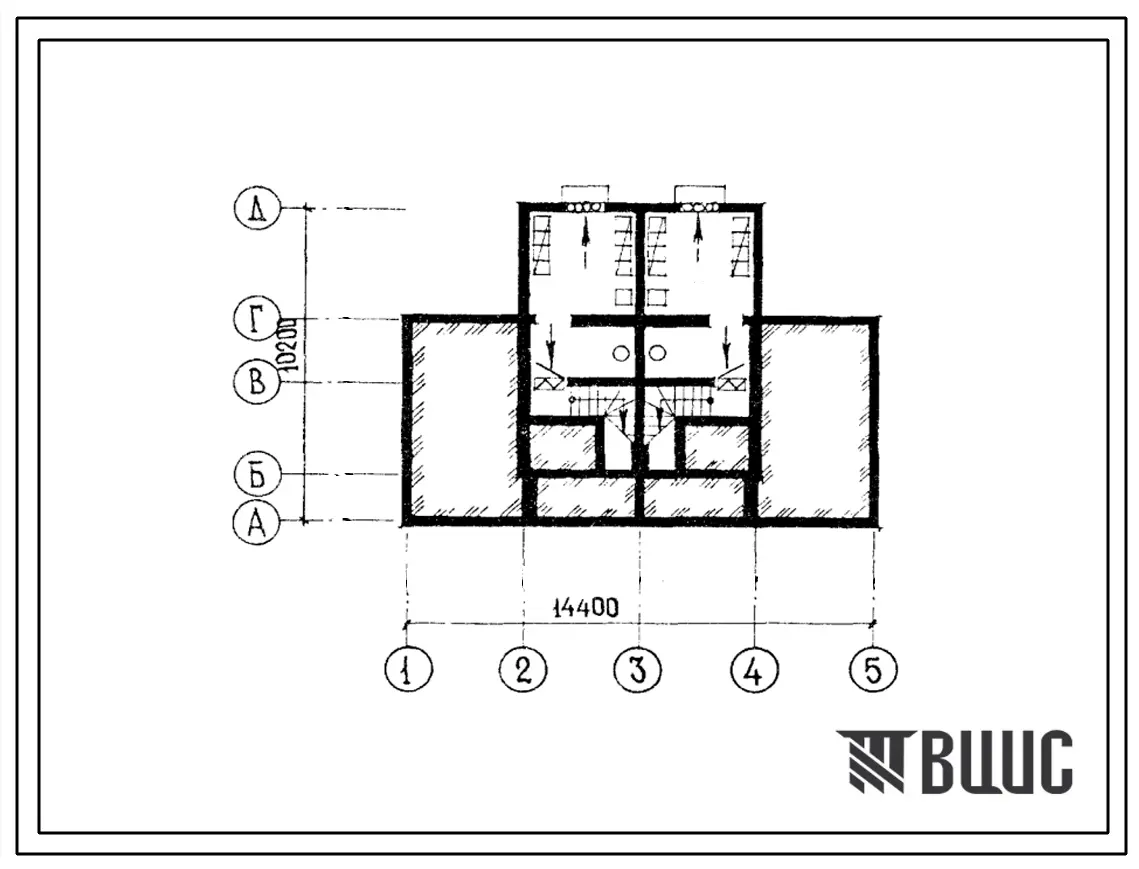 Типовой проект П-5-20(141-210-23(1.2)) Бытовые помещения в подвале жилого дома двух-этажного 2-квартирного с квартирами в двух уровнях 3б-5б, (убежище на 20 человек, размеры убежища 14,4м на 10,2м, режимы вентиляции 1,2).