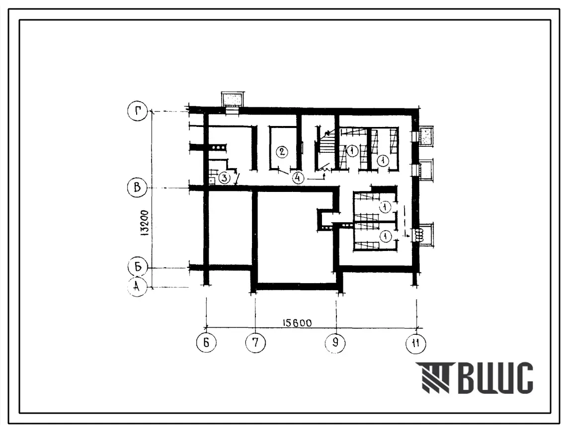 Типовой проект П-4-49(113-88-35(1.2)) Бытовые помещения в подвале жилого дома 2-этажного 2-секционного 12-квартирного с квартирами 1Б-2б-3А, (убежище на 49 человек, размеры убежища 15,6м на 13,2м, режимы вентиляции 1).