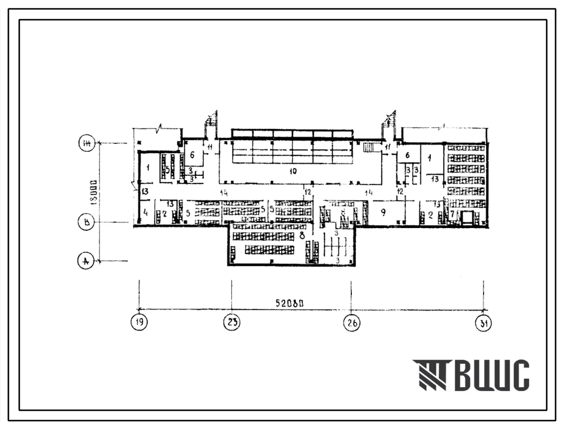 Типовой проект Б-1-366(252-1-102с) Хозяйственно-бытовые помещения в подвале стационара детского информативного корпуса на 150 коек, (убежище на 366 человек, размеры убежища 52,08м на 18м, режимы вентиляции 1,2).