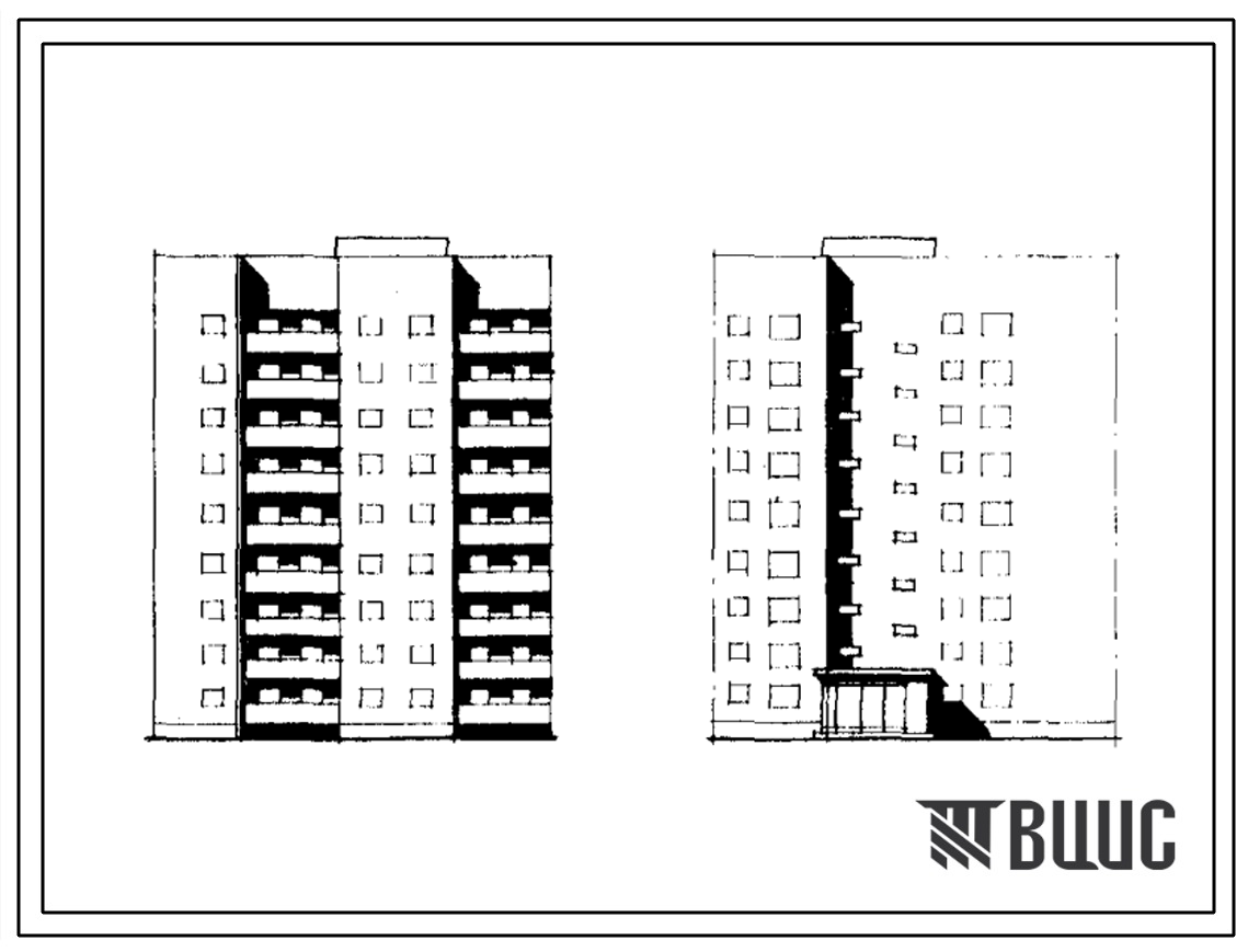 Типовой проект 124-024/1 Девятиэтажная блок-секция поворотная левая тип «Б» на 36 квартир (однокомнатных 1А — 18, двухкомнатных 2Б — 9, трехкомнатных 3Б — 9). Для строительства во IIВ климатическом подрайоне.