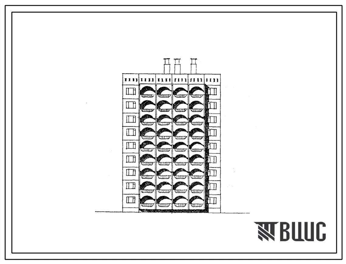 Типовой проект 105-082с.83 Блок-секция 9-этажная 36-квартирная рядовая с торцевыми окончаниями 2Б-1Б-1Б-2Б. Для строительства в 4Г климатическом подрайоне Таджикской ССР (г. Ленинабад и Ленинабадская область) сейсмичностью 8 баллов.