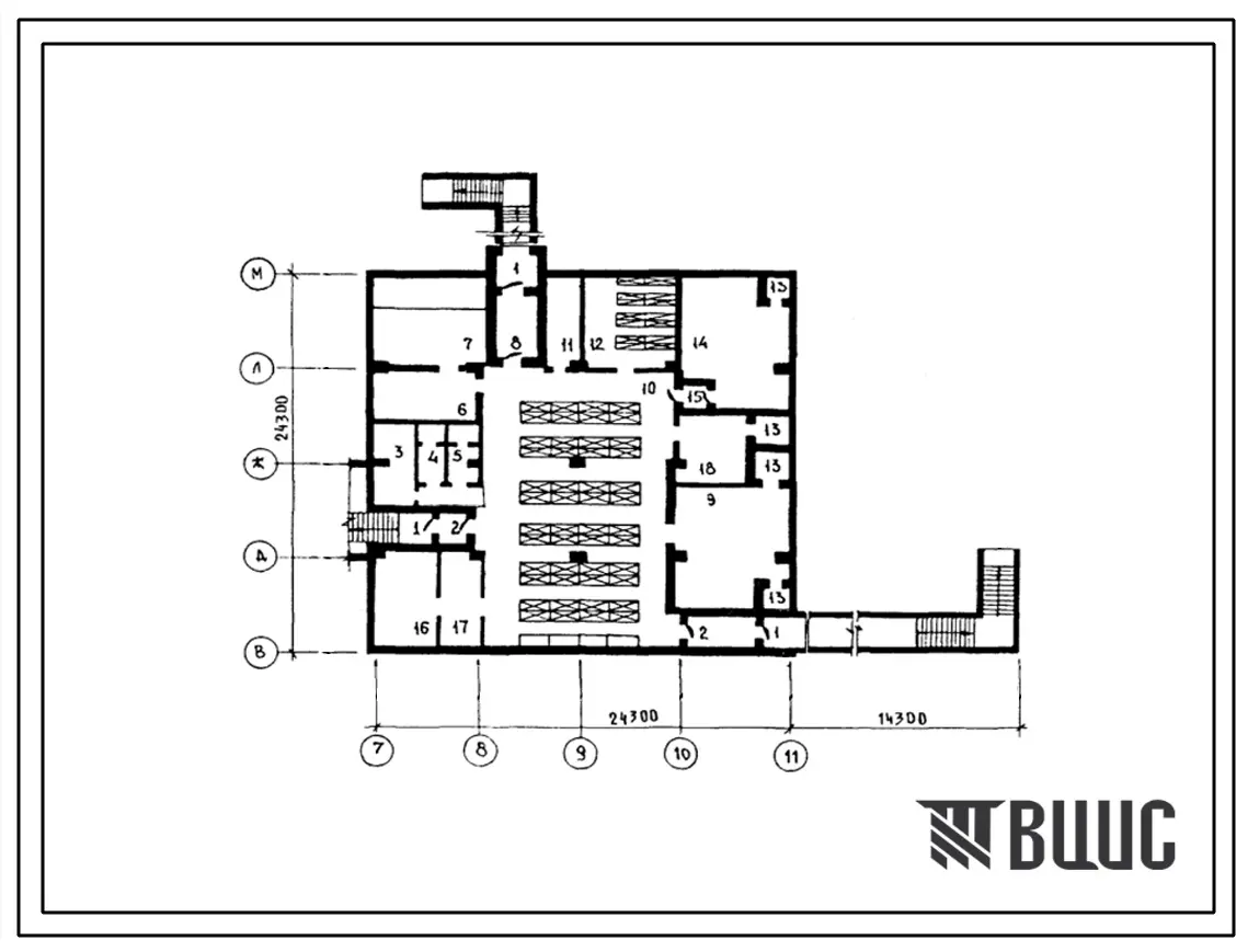Типовой проект А-IV-170(254-7-1) Вспомогательные помещения в подвале детского корпуса на 60 коек для расширения существующих больниц, (убежище на 170 человек, размеры убежища 38,6м на 24,3м, режимы вентиляции 1,2).