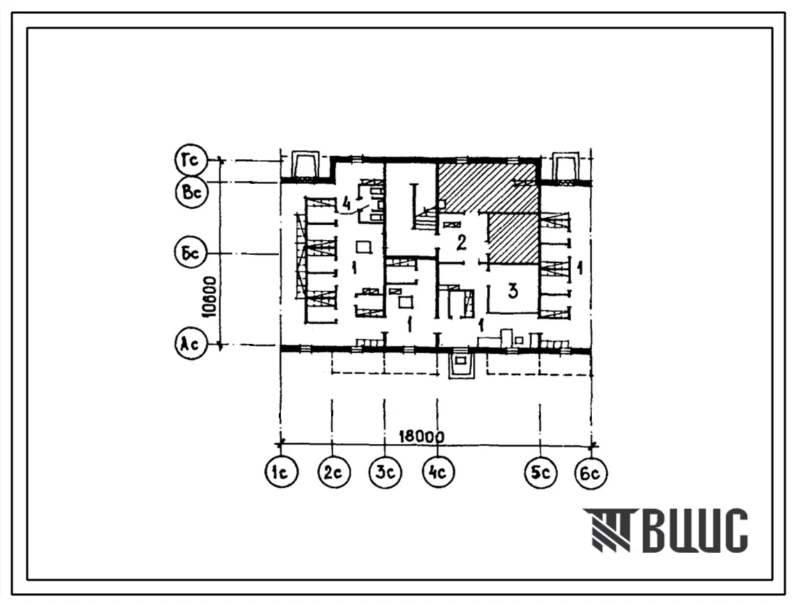 Типовой проект П-4-85(26-0110.13.87) Хозяйственные помещения в подвале 4-этажной 12-квартирной рядовой блок-секции с торцовыми окончаниями 1-2-2 (левая), (убежище на 85 человек, размеры убежища 18м на 10,8м, режимы вентиляции 1,2).