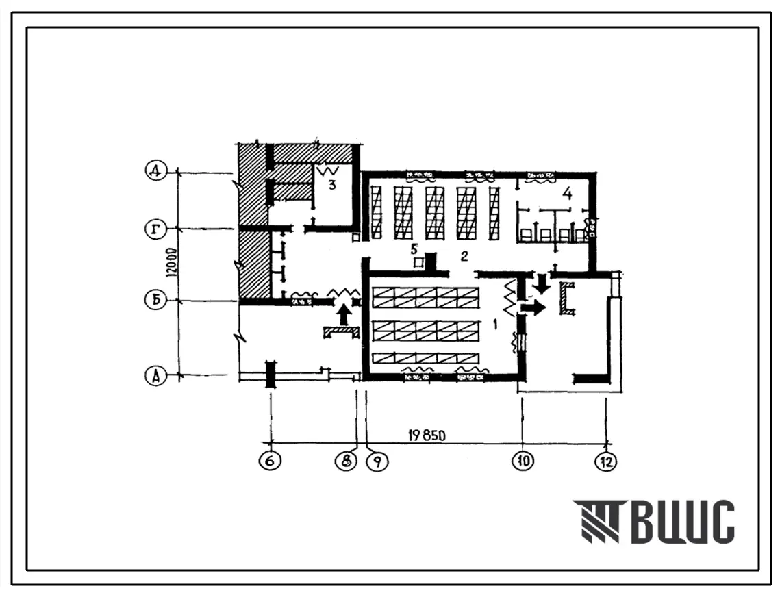 Типовой проект П-5-110(214-1-374с.) Помещения 1 этажа детских яслец-сада на 50 мест, приспосабливаемые под ПРУ (убежище на 110 человек, размеры убежища 19,85м на 12м, режимы вентиляции 1).