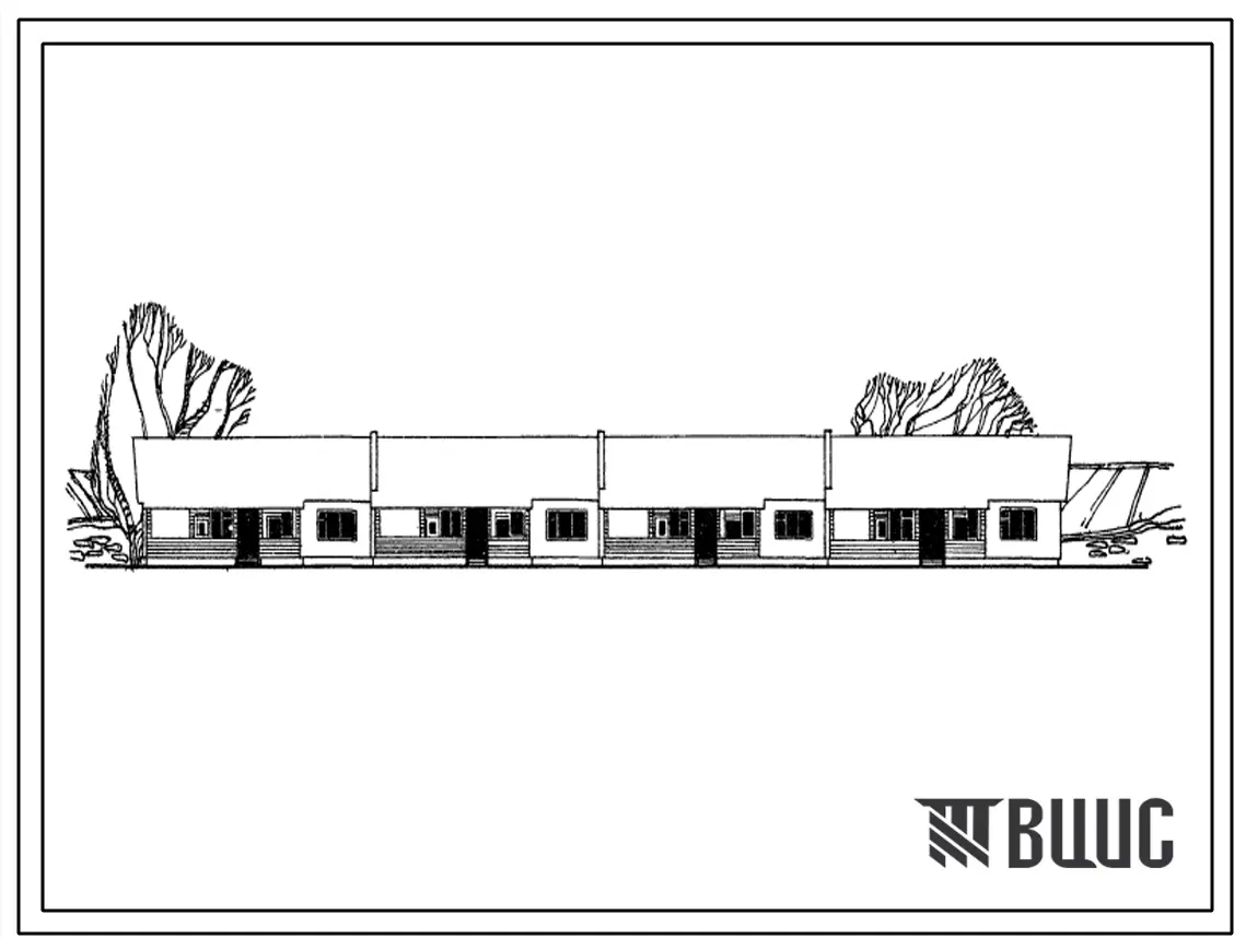 Типовой проект 184-12-105 1-этажный 4-квартирный блокированный дом с 4-комнатными квартирами с полным благоустройством для строительства во 2 строительно-климатической зоне.
