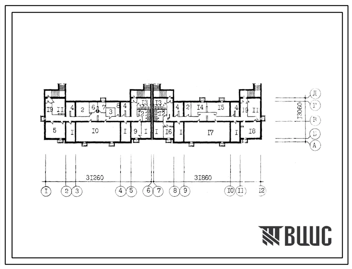 Типовой проект Б-1-750(114-064с.1, 114-031с.1) Помещения общественного назначения в подвале 5-этажного 4-секционного 64-квартирного жилого дома серии 114, (убежище на 750 человек, размеры убежища 63,12м на 13,06м, режимы вентиляции 1,2).