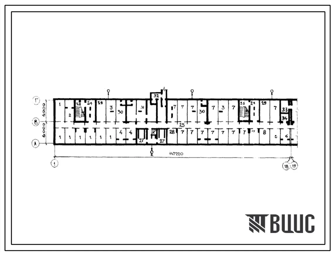 Типовой проект А-IV-1300-2-3 Помещения общественного назначения в подвале жилого дома типового проекта 3-125-9, (убежище на 1300 человек, размеры убежища 147,22м на 12м, режимы вентиляции 1,2).