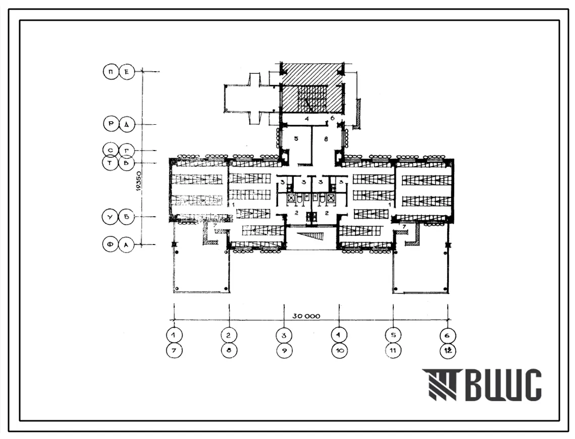 Типовой проект П-5-344(211-2-101с) Помещения первого этажа детских яслей-сада на 320 мест, (убежище на 344 человек, размеры убежища 30м на 19,35м, режимы вентиляции 1,2,3).