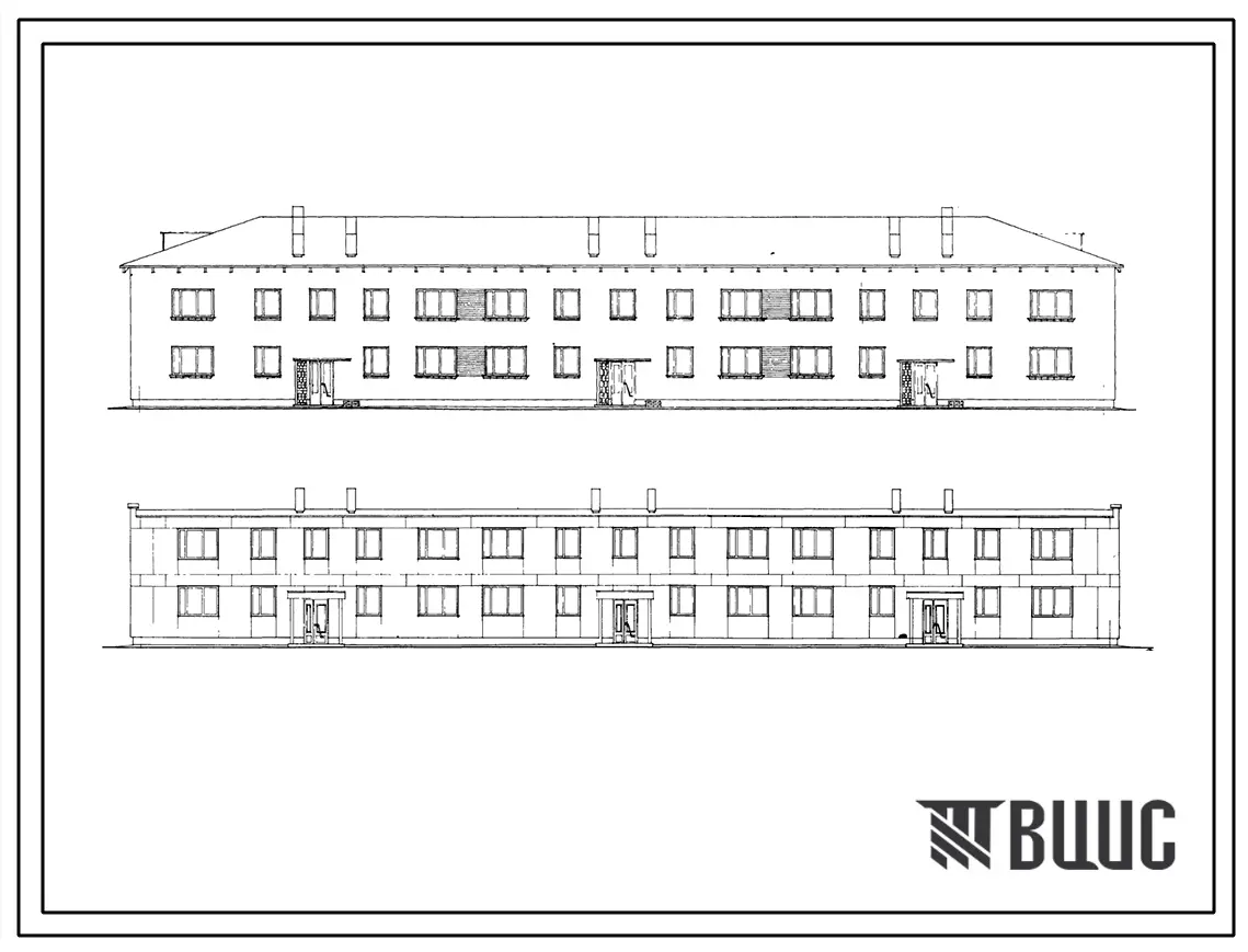 Типовой проект 114-012-21/66 Двухэтажный трехсекционный дом на 22 квартиры. Для строительства во II и III строительно-климатических зонах.