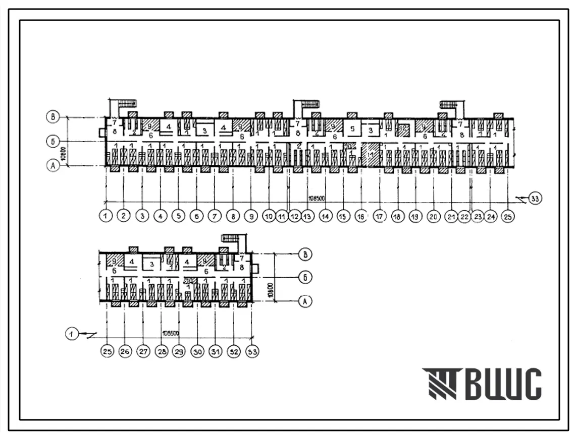 Типовой проект П-4-1312(111-105-127с.13.87) Помещения общественного назначения в подвале 5-этажного 6-секционного 80-квартирного жилого дома, (убежище на 1312 человек, размеры убежища 108,5м на 10,8м, режимы вентиляции 1,2).