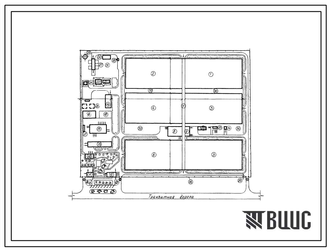 Типовой проект 819-130 Тепличные комбинаты площадью 6, 12, 18, 24 и 30 га блочных теплиц пролетом звена 6,4м. Схема планировок.