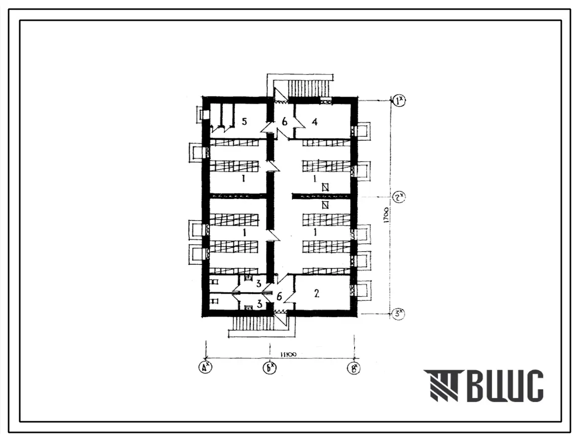 Типовой проект Б-1-155(214-1-213С) Хозяйственно-бытовые помещения в подвале станции скорой медицинской помощи с количеством выездов до 25 тыс в год, (убежище на 155 человек, размеры убежища 17м на 11,1м, режимы вентиляции 1,2,3).