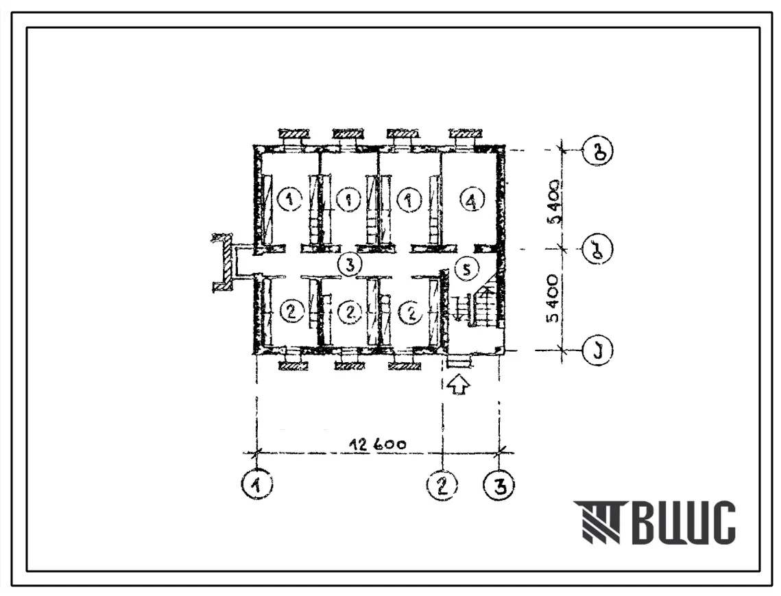 Типовой проект П-5-36(123-17-151с.14.90) Подсобное помещение цокольного этажа 3-этажного блок-квартиры (левый блок) с 4-комнатными квартирами, (убежище на 36 человек, размеры убежища 12,6м на 10,8м, режимы вентиляции 1).