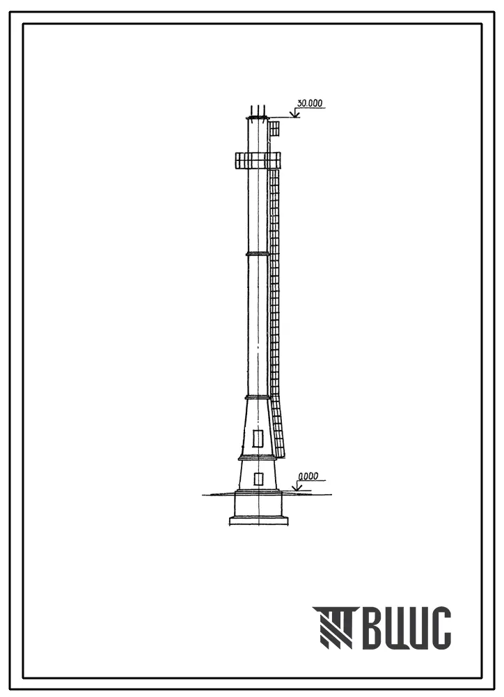 Типовой проект 907-2-277.89 Труба дымовая сборная из стальных секций, защищенных термокислоупорным бетоном Н=30 м, До=1,5 м с надземным примыканием газоходов.